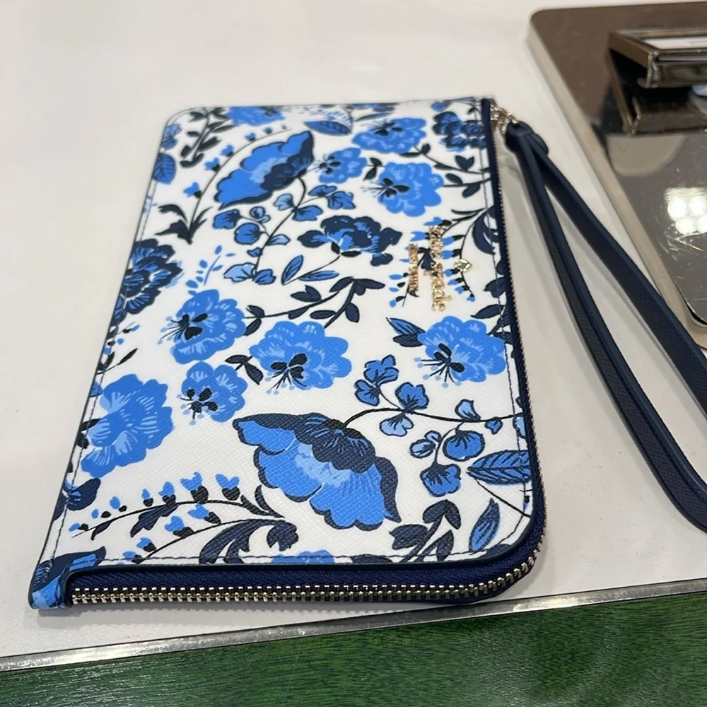 Kate Spade Lucy Vase Floral Medium L Zip Wristlet Blue Multicolor  NWT
